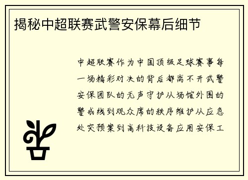揭秘中超联赛武警安保幕后细节