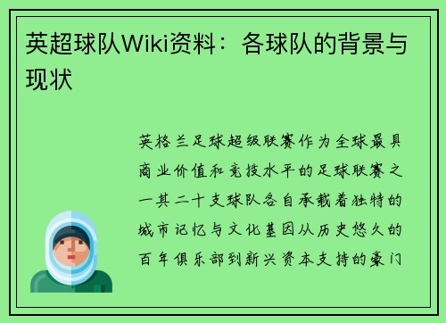英超球队Wiki资料：各球队的背景与现状